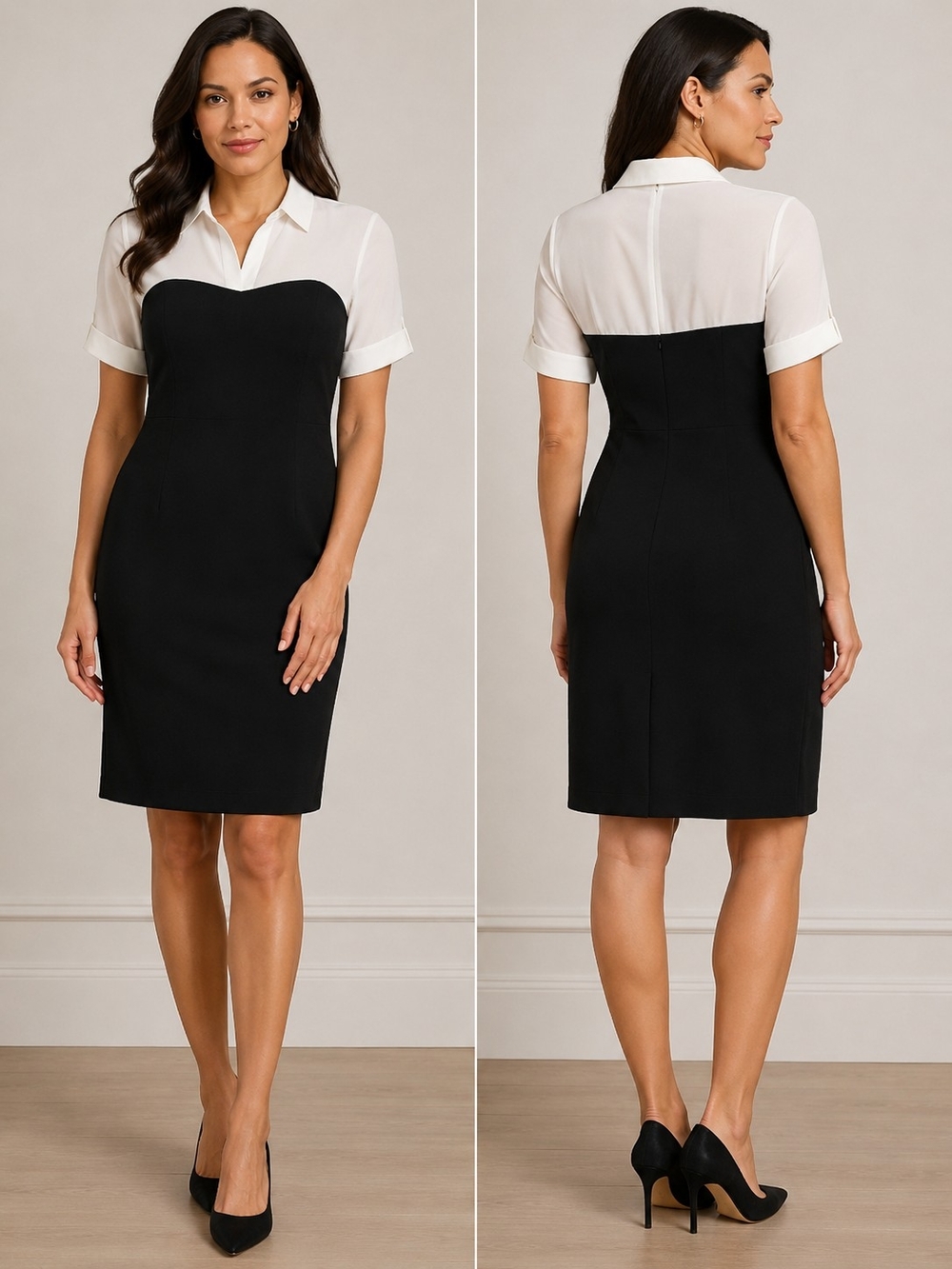 Black and White Shirt Collar Sheath Dress